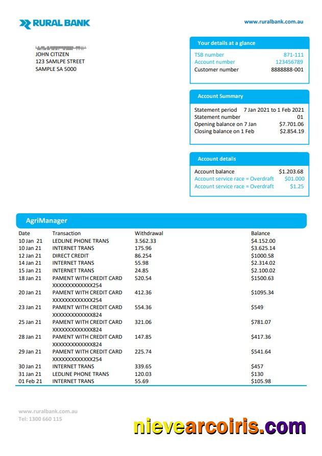 Australia Rural bank proof of address statement in Word and PDF format